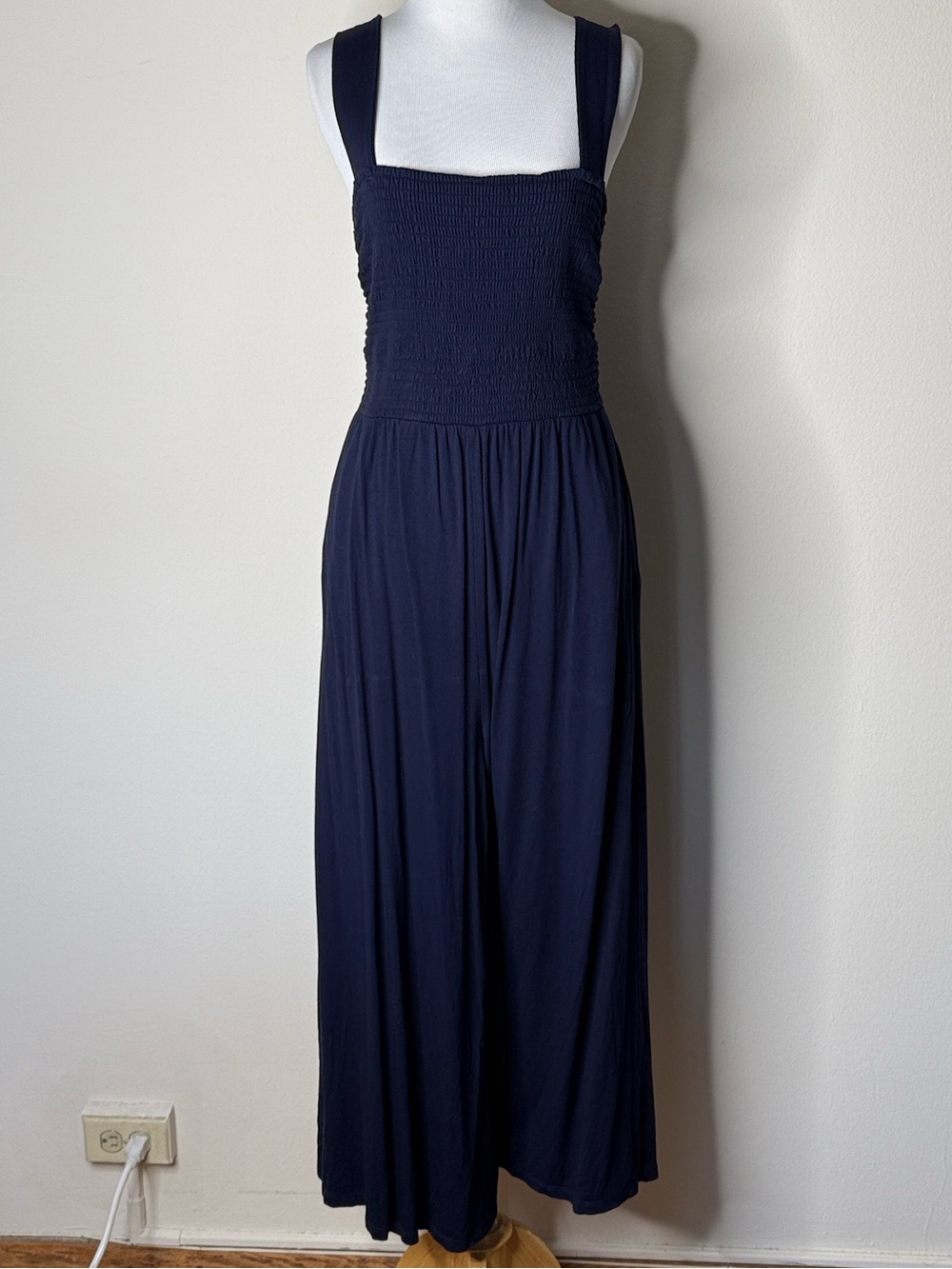 LOFT Navy Smocked Wide Leg Jumpsuit - Picture 2 of 8